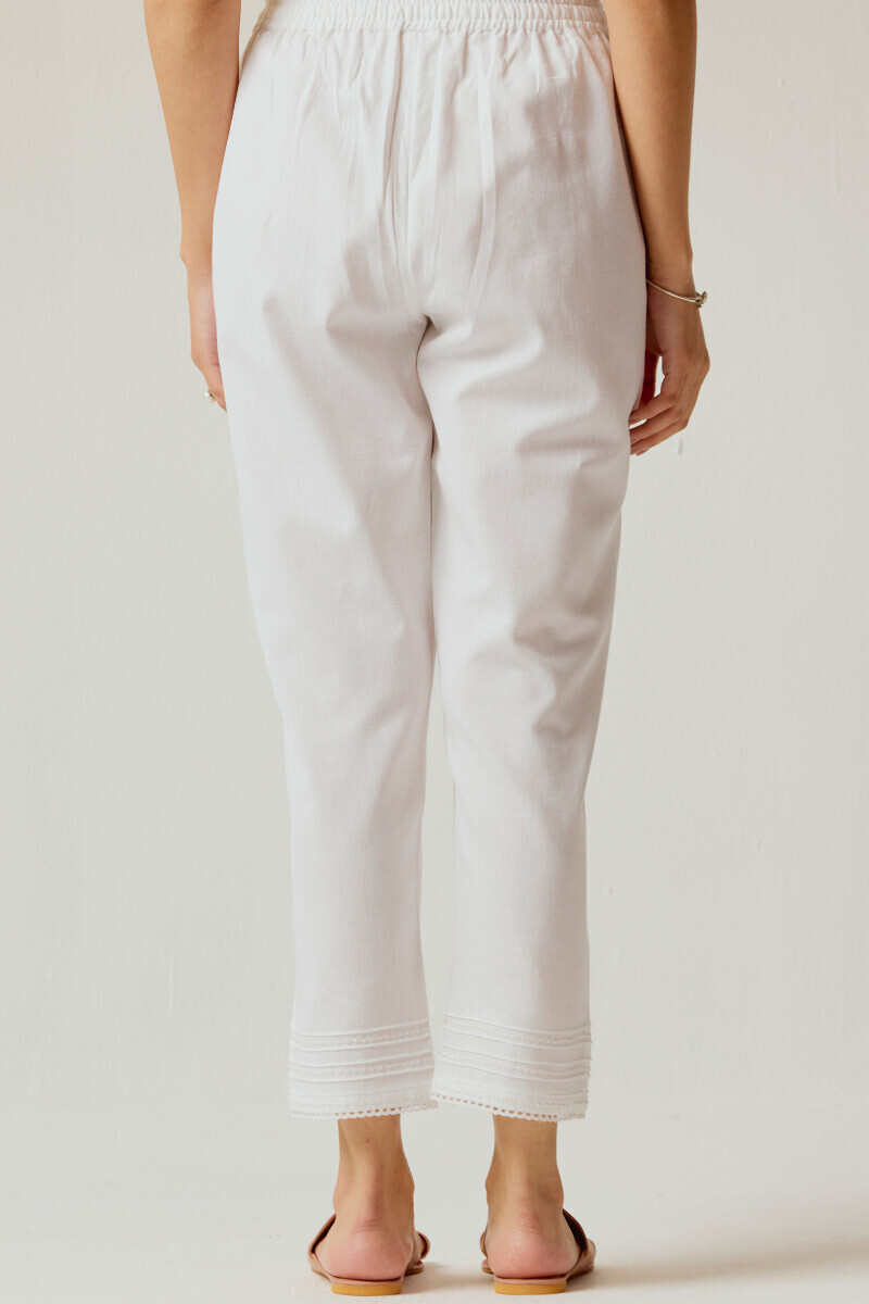 White Handcrafted Cotton Flax Narrow Pants