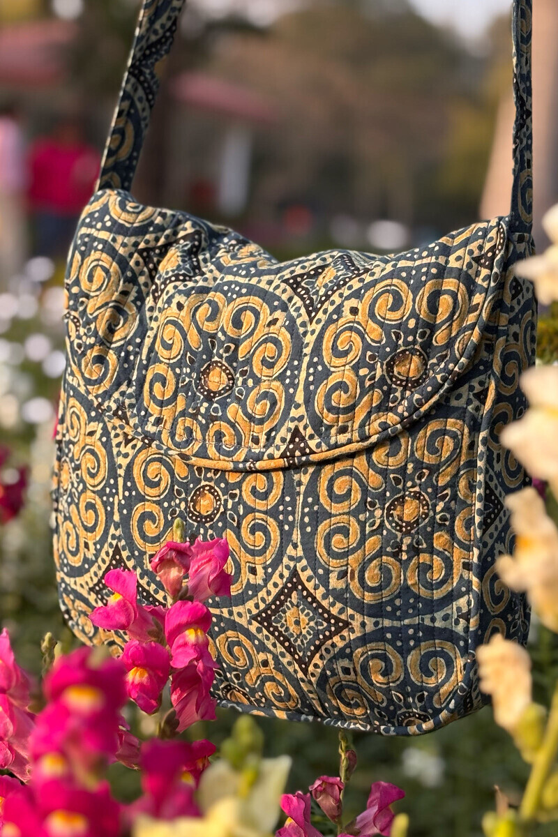 Blue Hand Block Printed Cotton Cross Body Bag