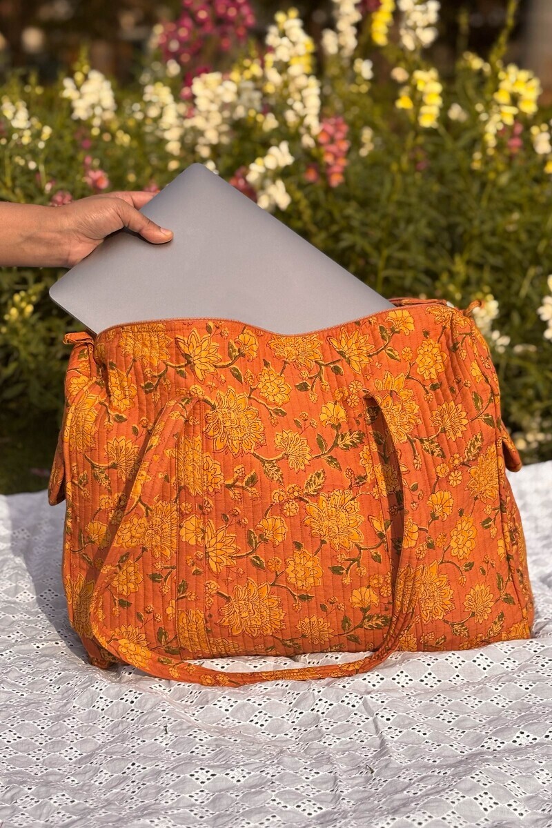 Peach Hand Block Printed Cotton Holdall Bag
