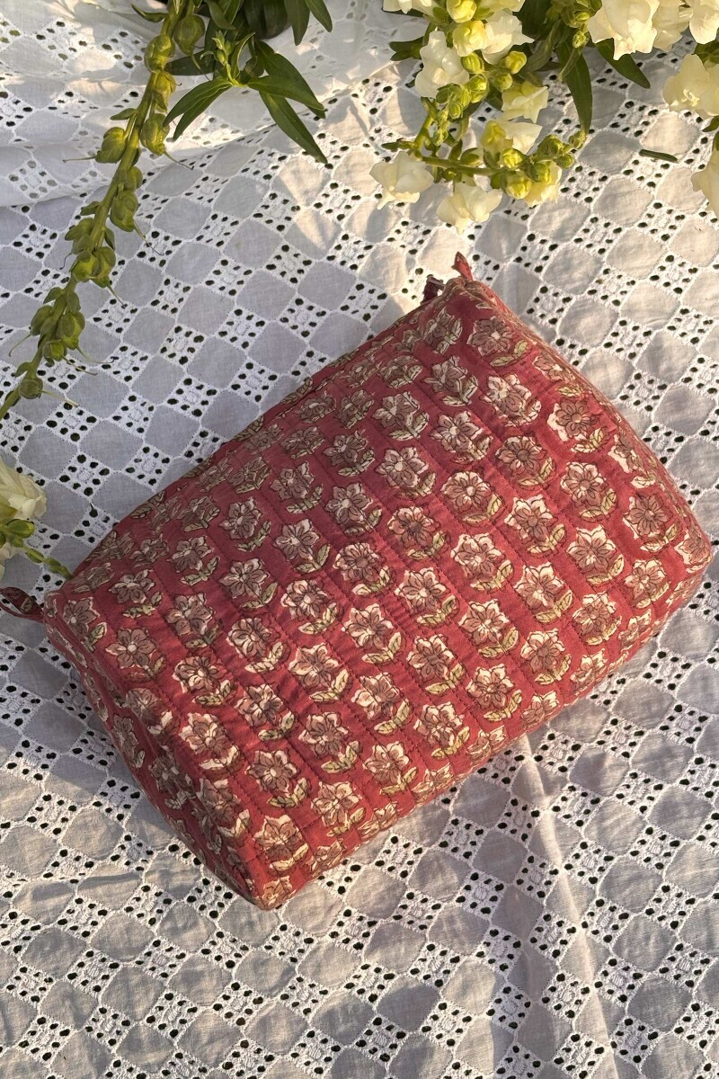 Pink Hand Block-Printed Cotton Vanity Pouch