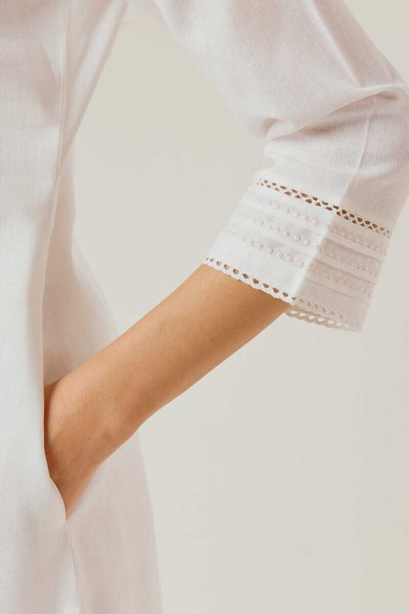 White Handcrafted Straight Cotton Flax Kurta