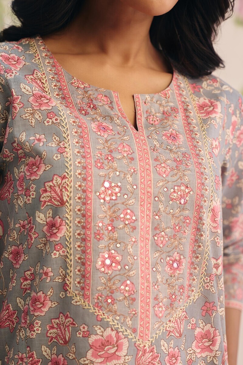 Grey Hand Printed Cotton Slub Kaftan