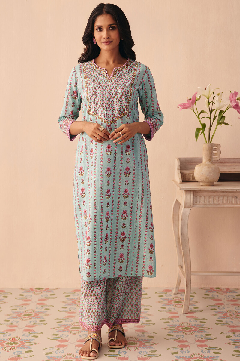 Blue Hand Printed Straight Cotton Kurta