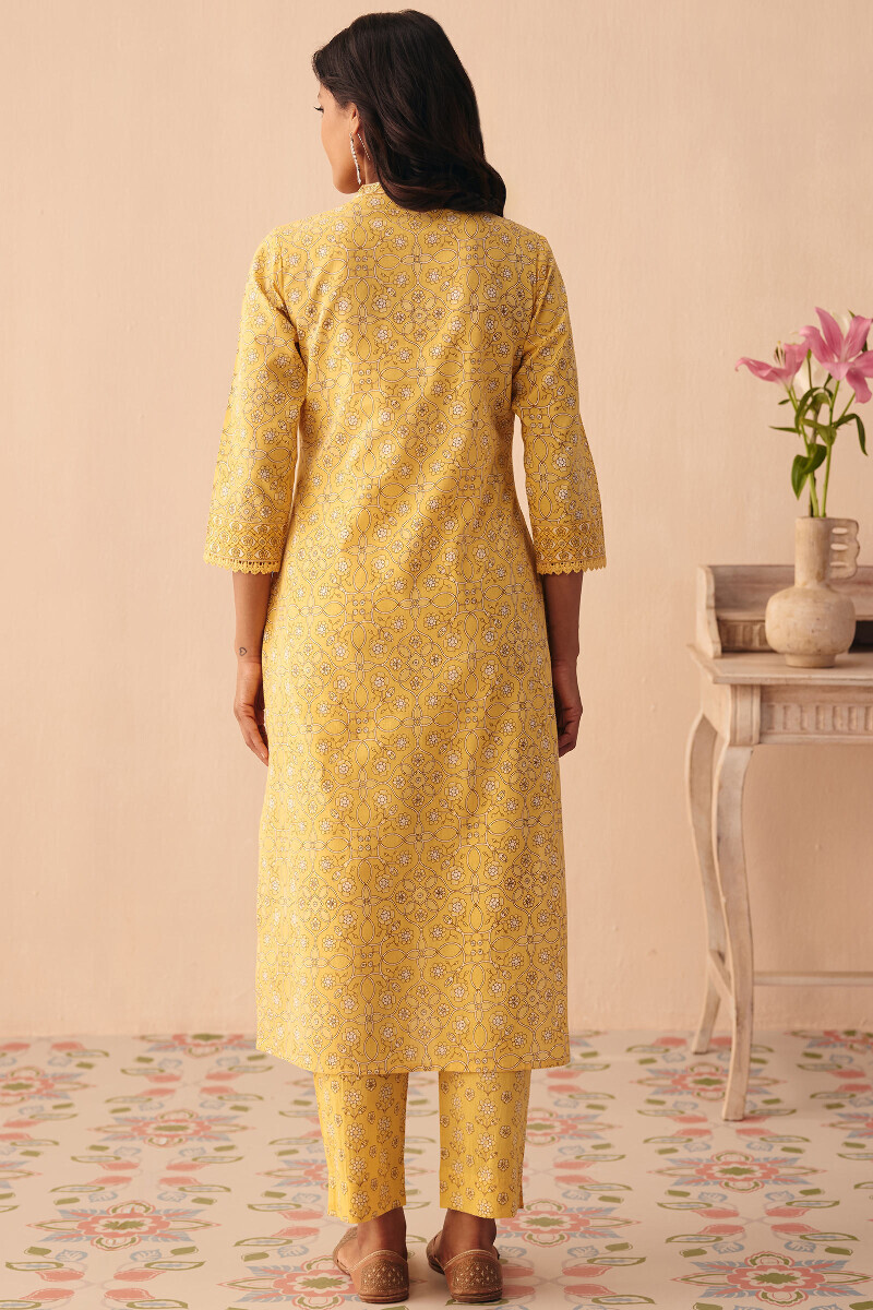 Yellow Hand Printed Straight Cotton Kurta