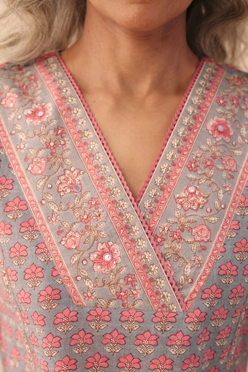 Grey Hand Printed Straight Cotton Slub Kurta