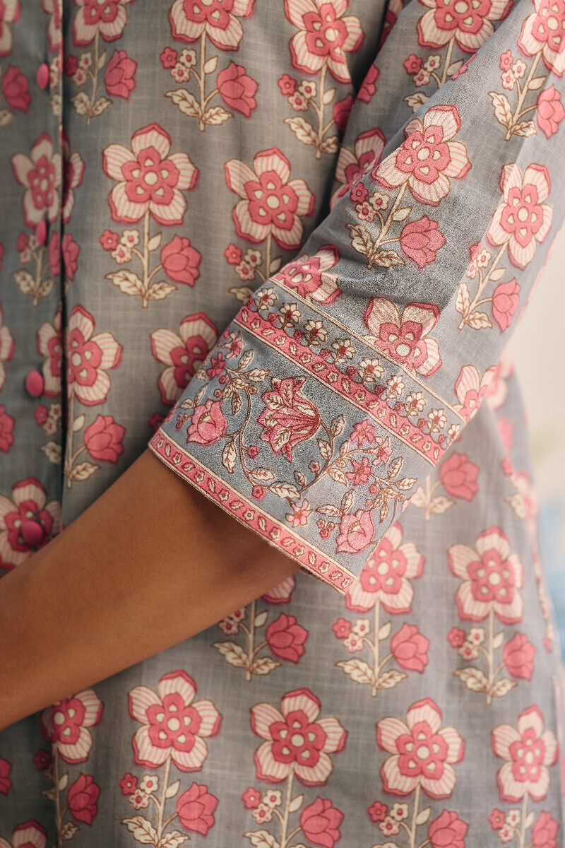 Grey Hand Printed Cotton Slub Loungewear Set