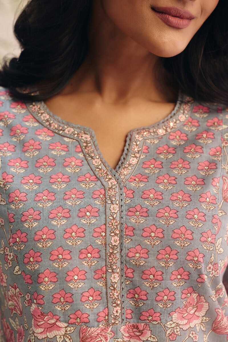 Grey Hand Printed Cotton Slub Top