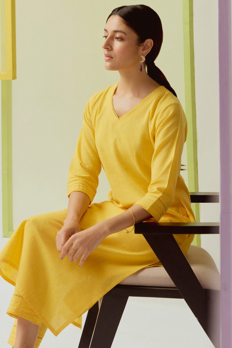 Yellow Handcrafted Straight Gauze Slub Kurta