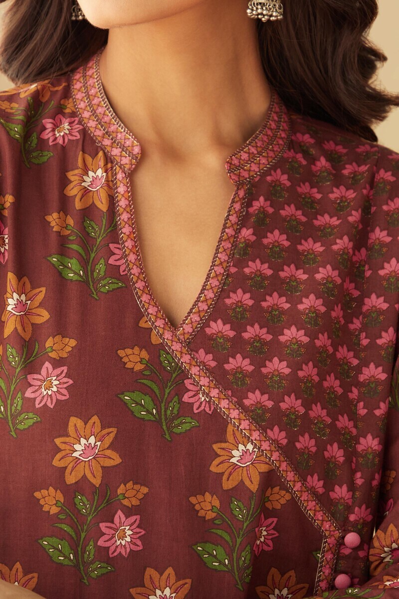 Brown Hand Printed Angrakha Cotton Kurta