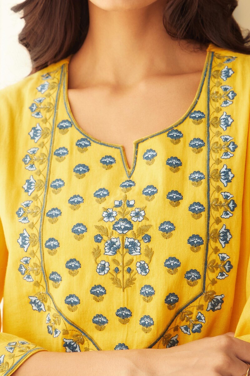 Yellow Handcrafted Straight Cotton Flax Kurta