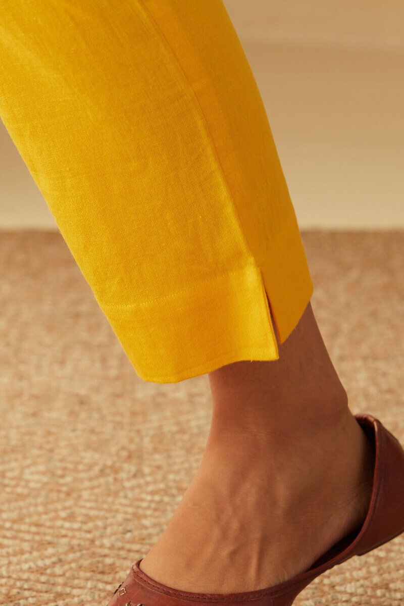 Yellow Handcrafted Cotton Flax Narrow Pants