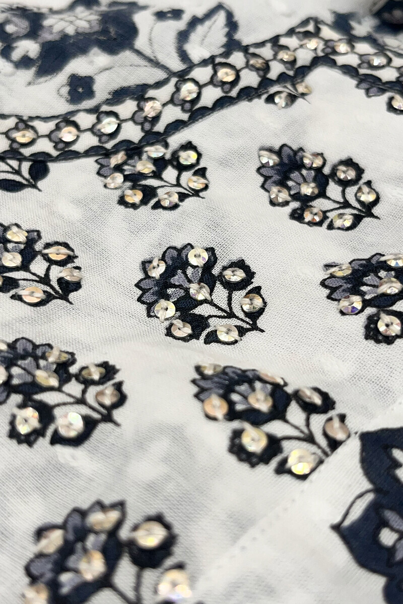 White Hand Printed Straight Cotton Dobby Kurta