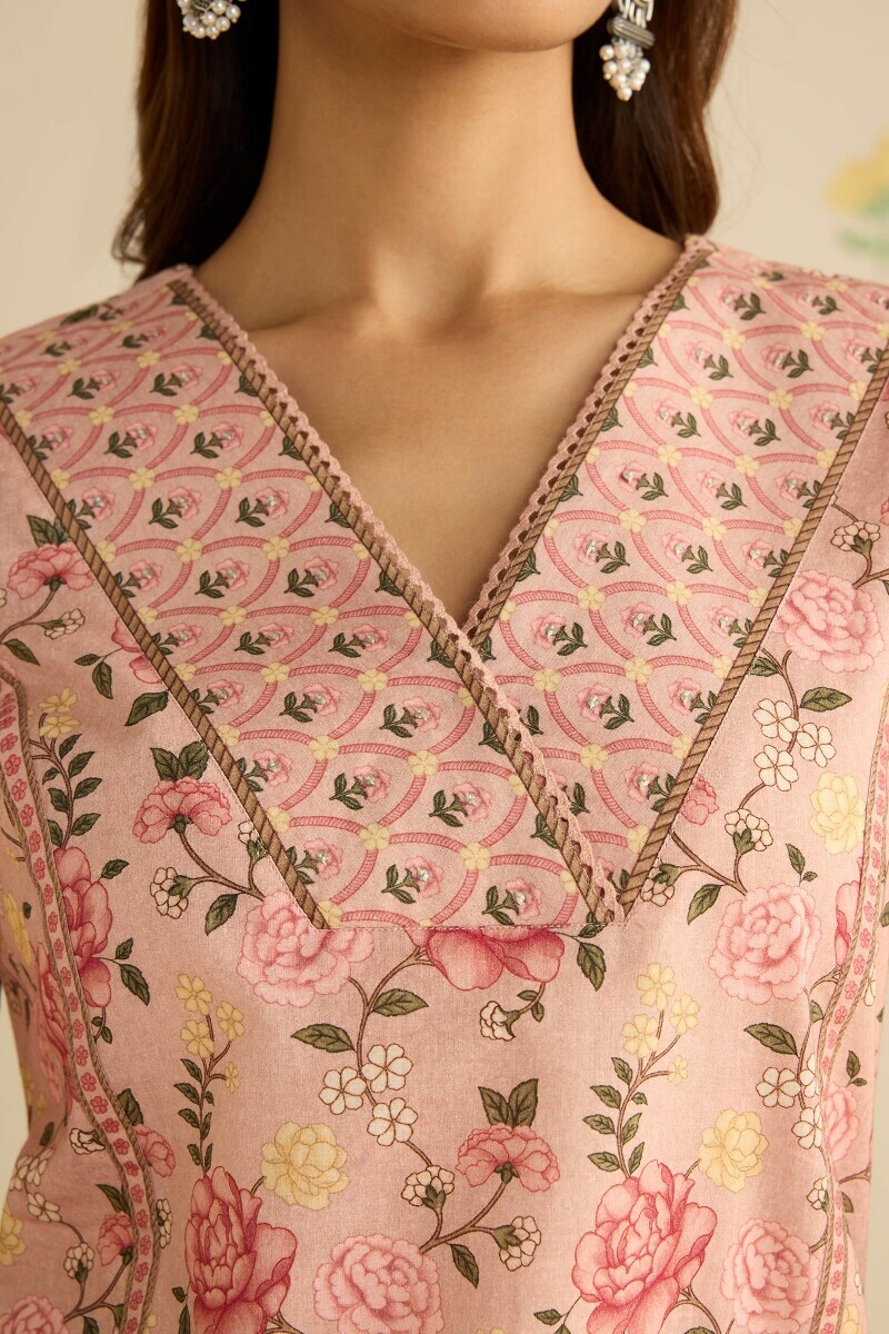 Peach Printed Straight Cotton Kurta