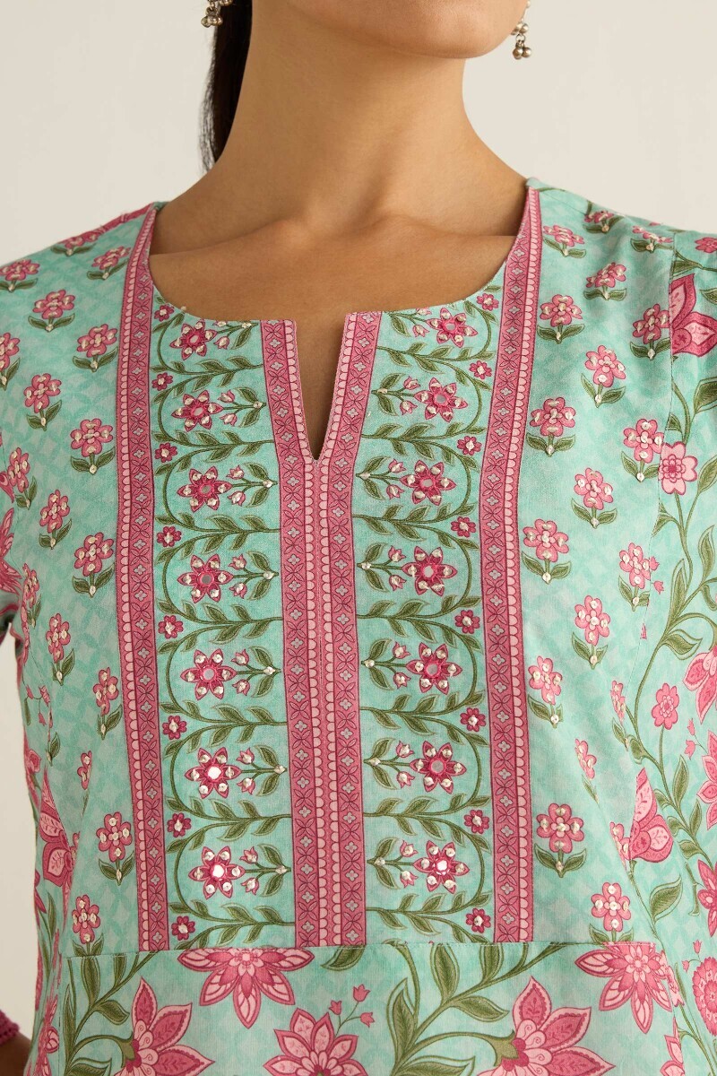 Blue Printed Straight Cotton Kurta