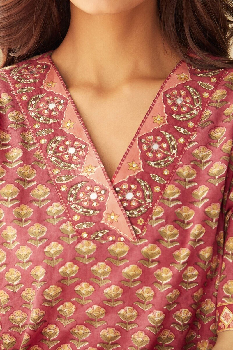 Pink Hand Block-Printed Straight Cotton Kurta