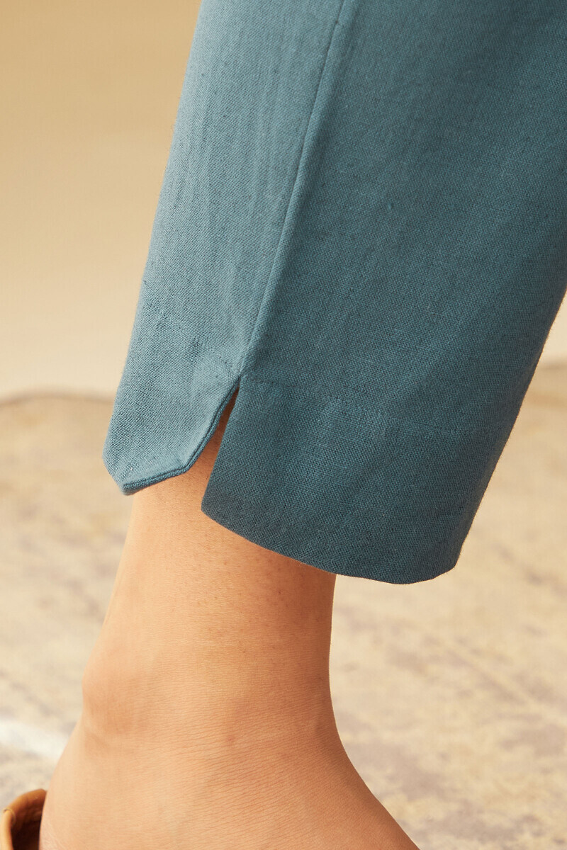 Blue Handcrafted Cotton Flax Narrow Pants