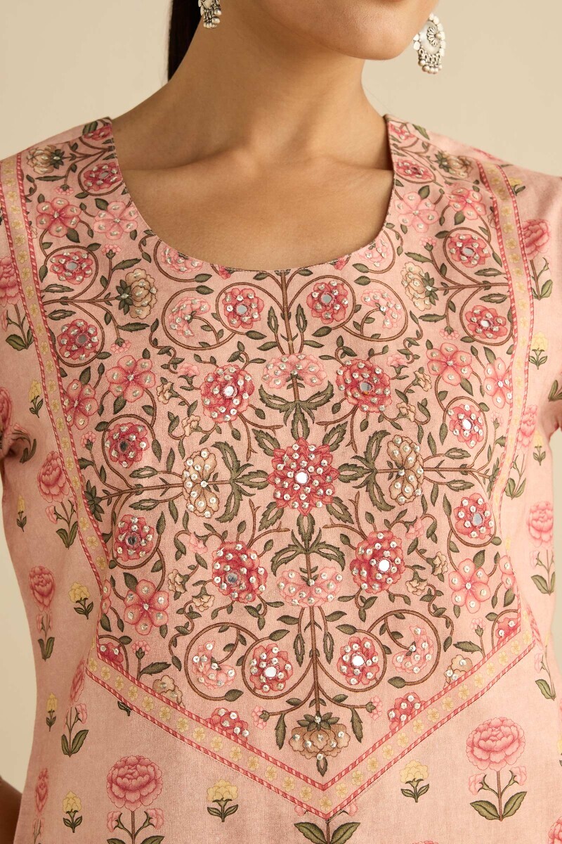 Peach Printed Straight Cotton Kurta
