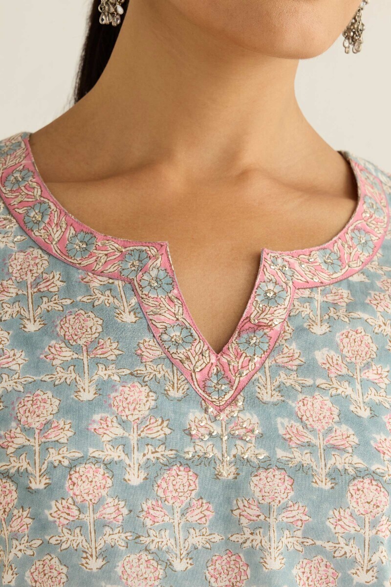 Grey Hand Block Printed Straight Cotton Kurta