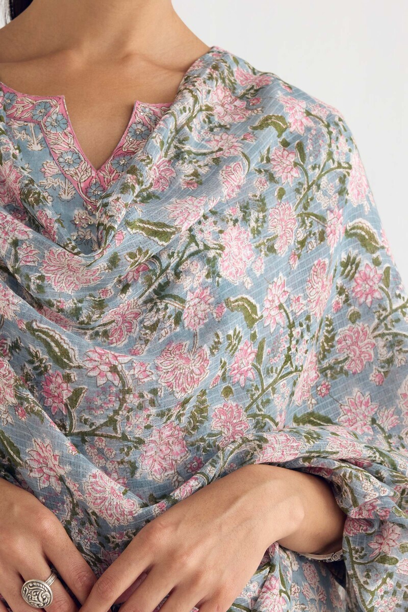Grey Hand Block Printed Kota Dupatta