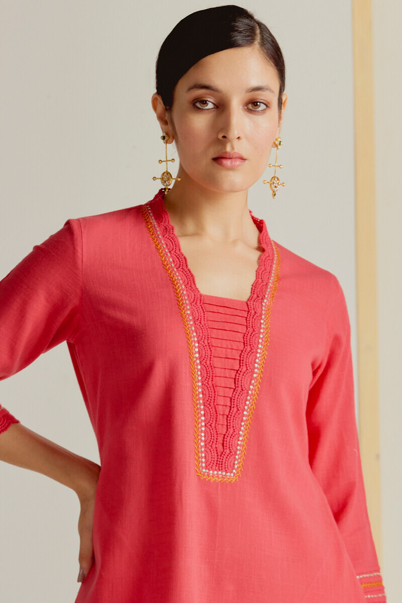 Pink Handcrafted Straight Gauze Slub Kurta