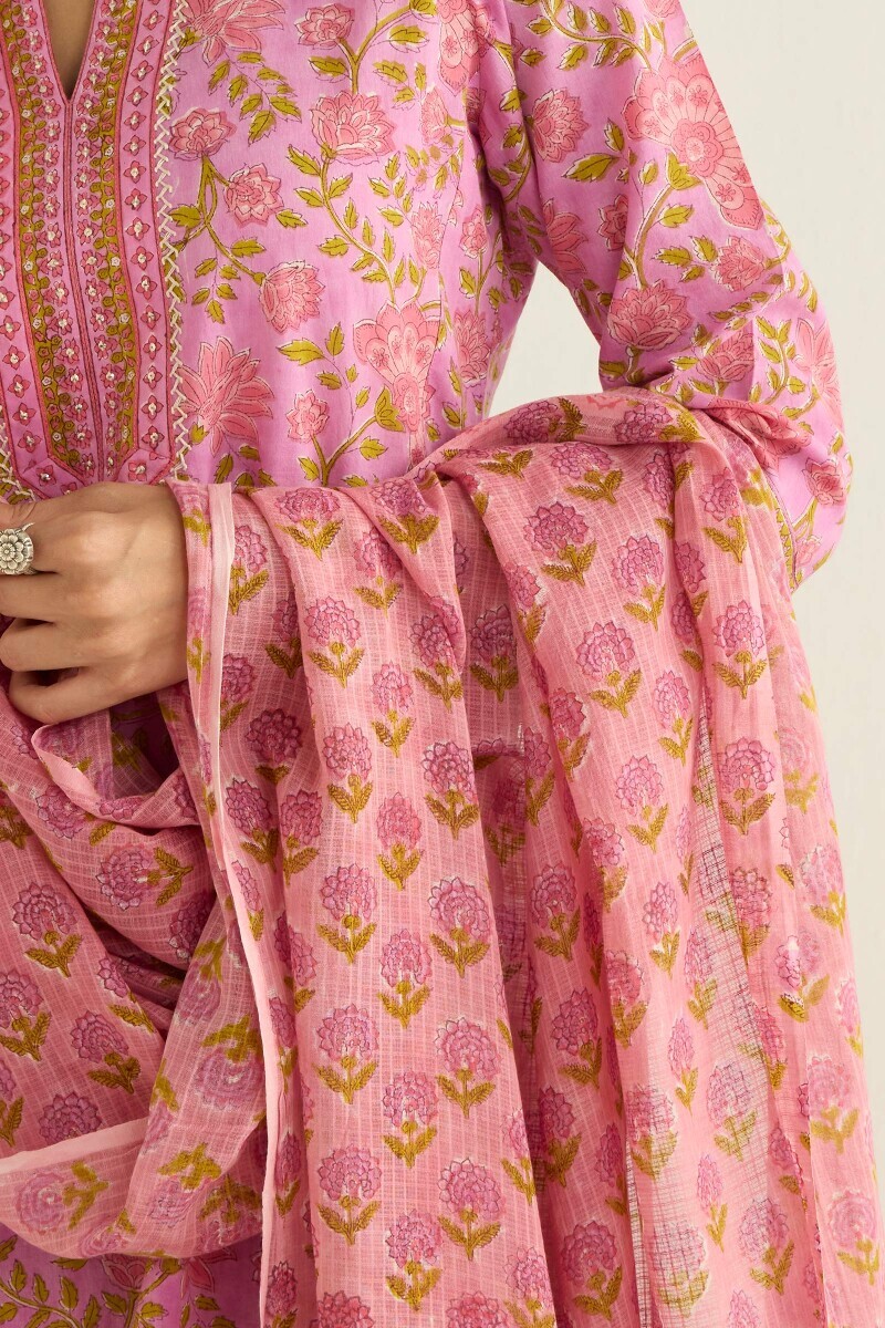 Pink Hand Block Printed Kota Dupatta