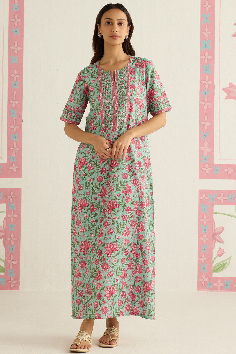 Blue Printed Cotton Kaftan