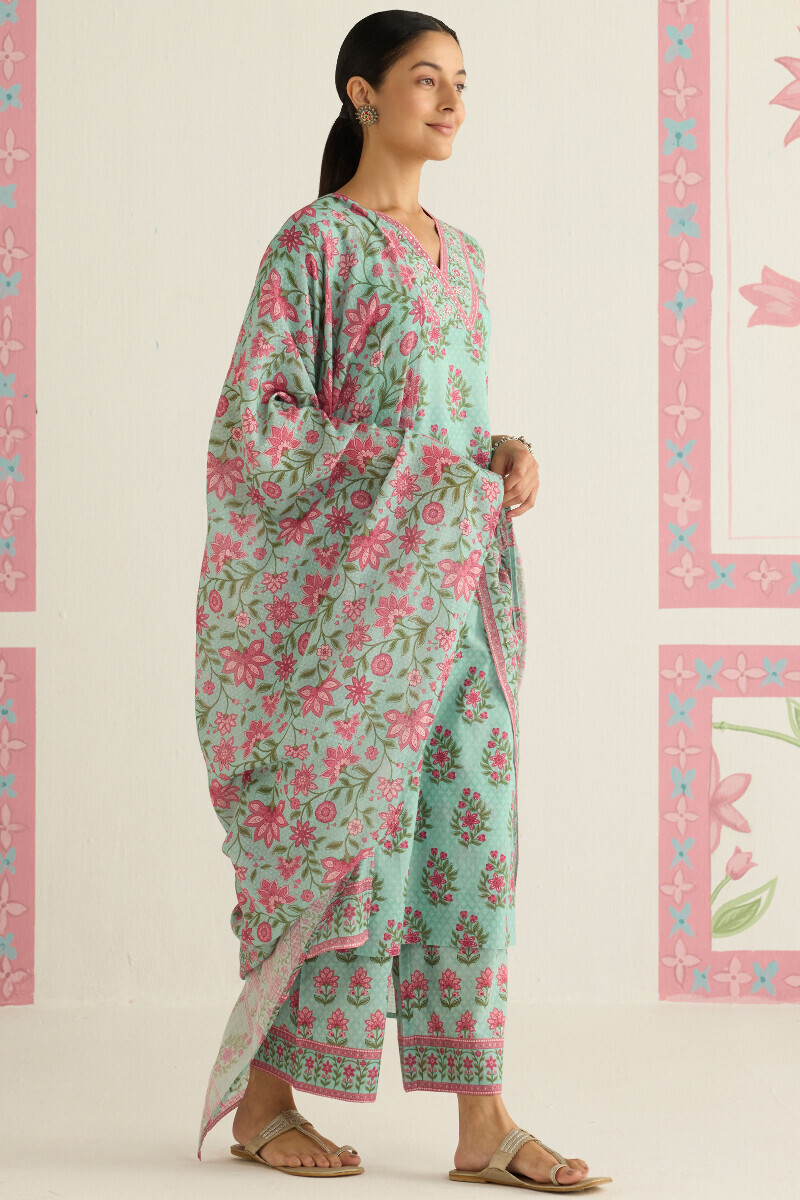 Blue Printed Straight Cotton Kurta