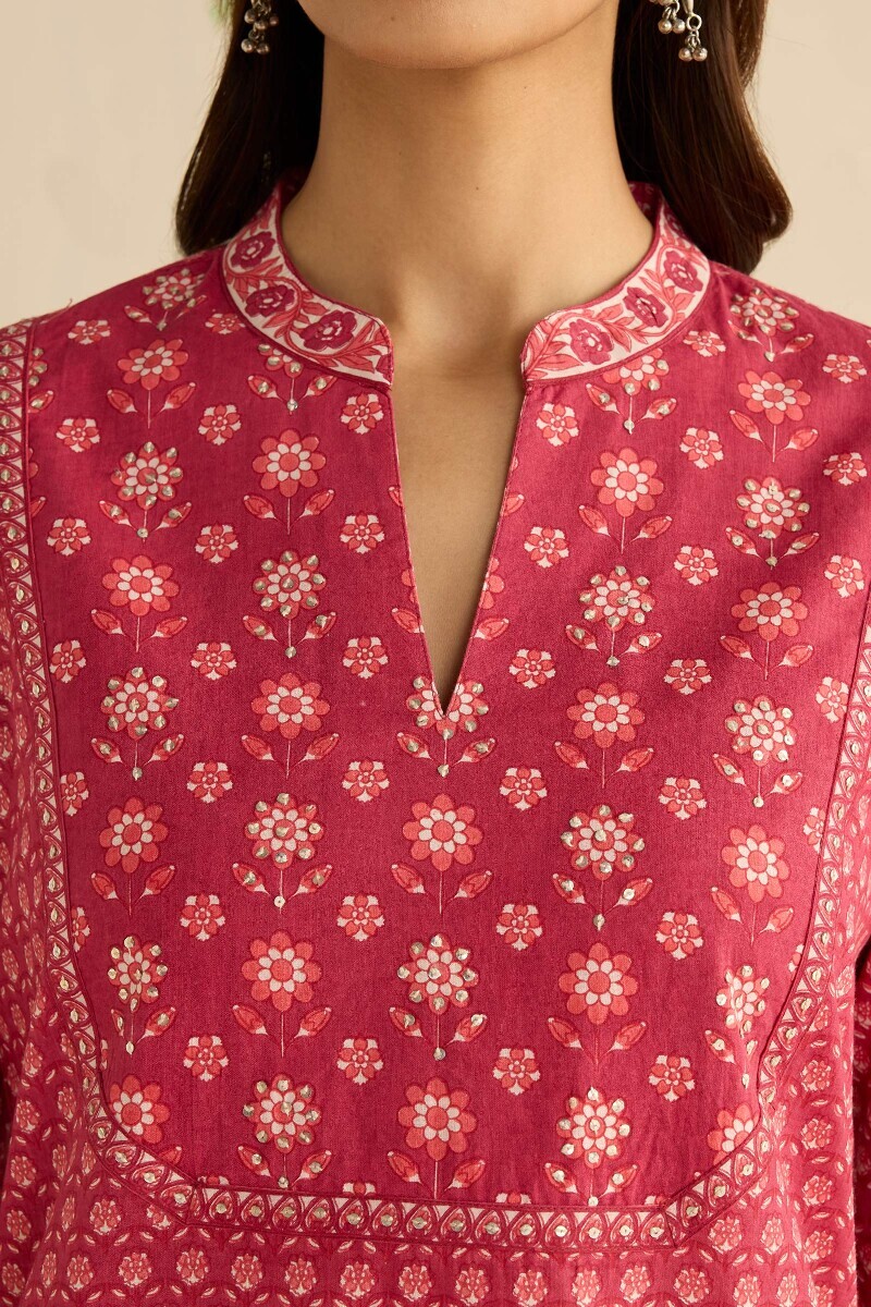 Pink Hand Printed Straight Cotton Kurta