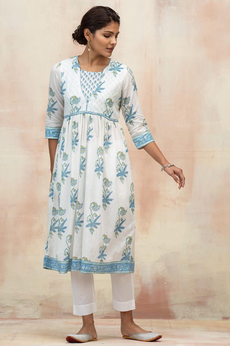 White Block Printed A-Line Cotton Kurta