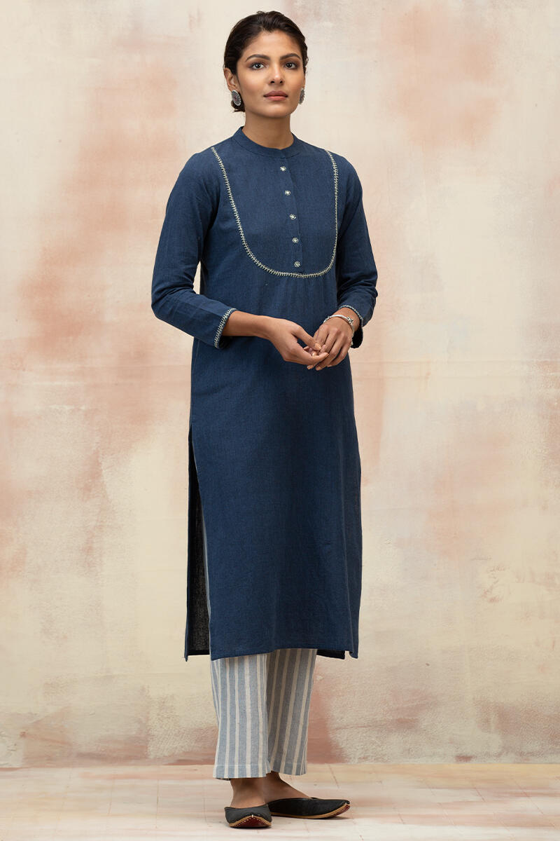 Blue Handcrafted Straight Cotton Kurta