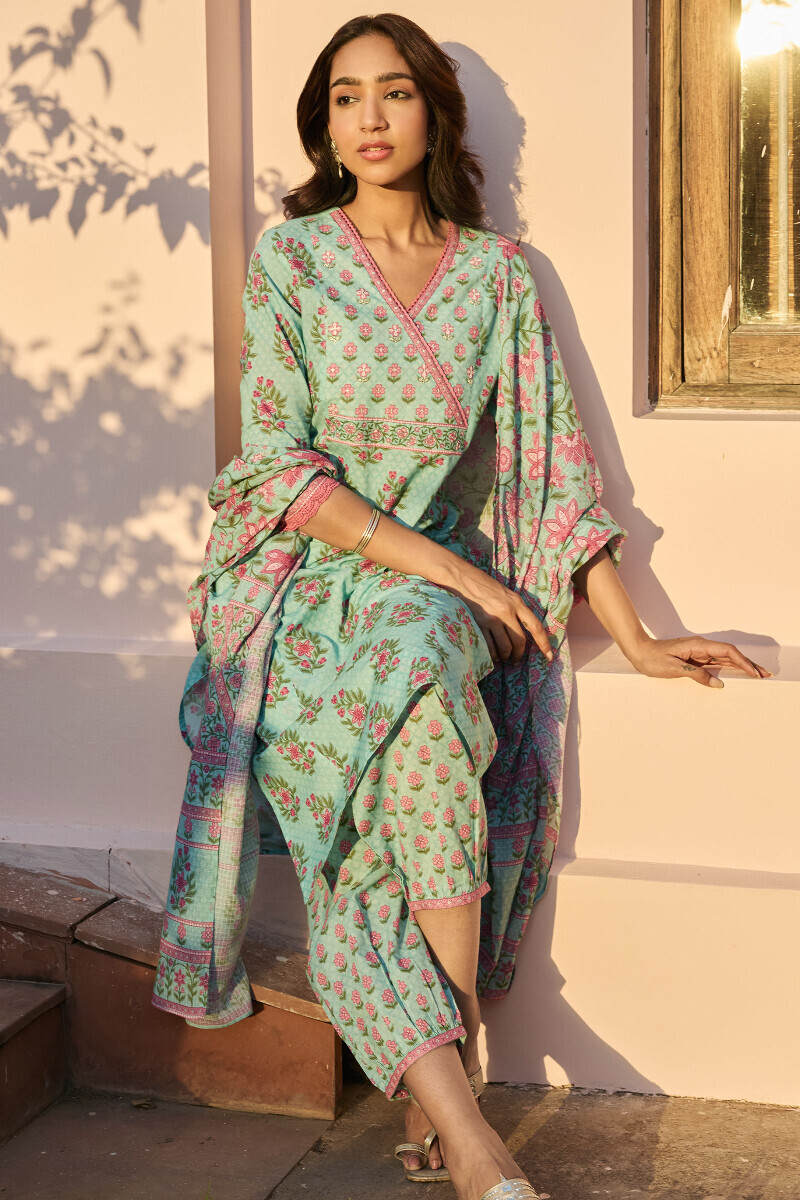 Blue Printed Straight Cotton Kurta