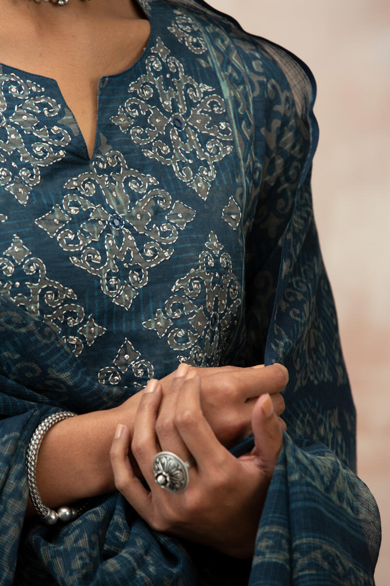 Indigo Block Printed A-Line Cotton Kurta