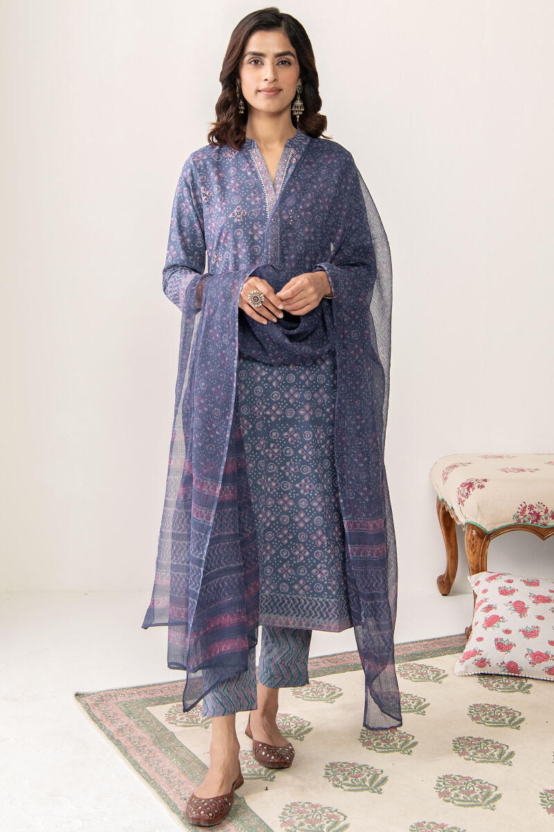 Purple Hand Block Printed Straight Cotton Kurta