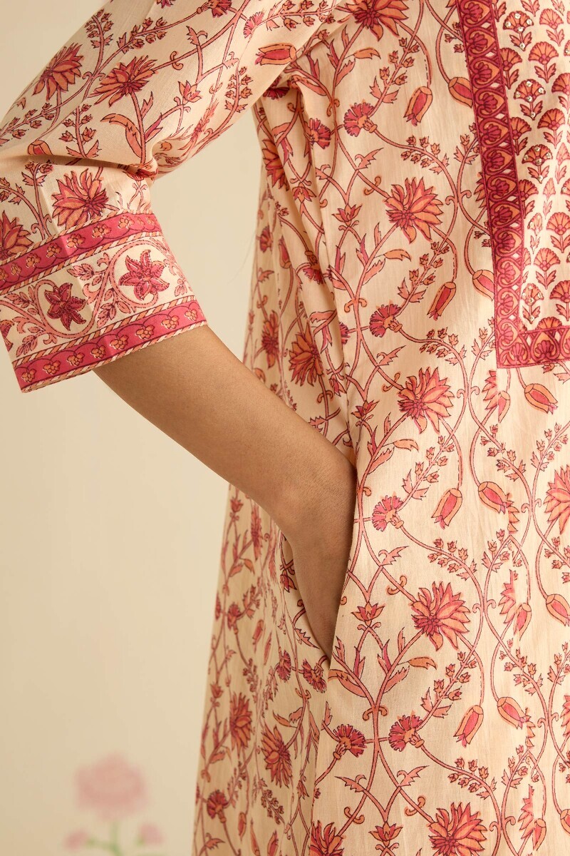 Cream Hand Printed Cotton Kaftan