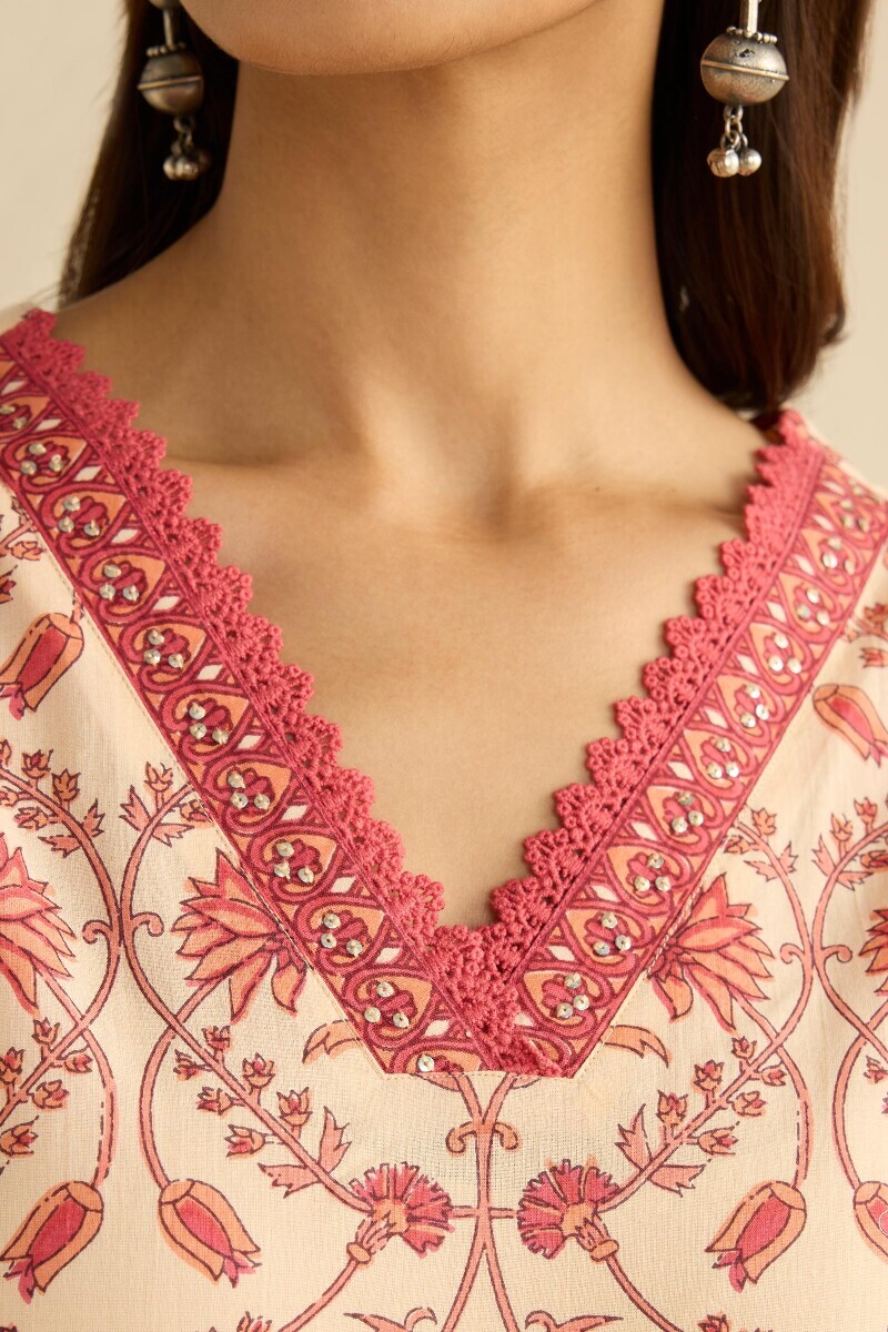 Cream Hand Printed Straight Cotton Kurta