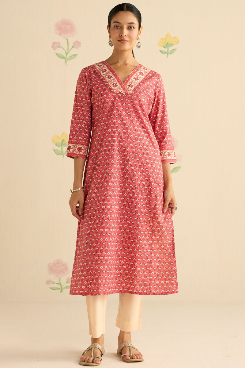 Pink Hand Printed Straight Cotton Kurta