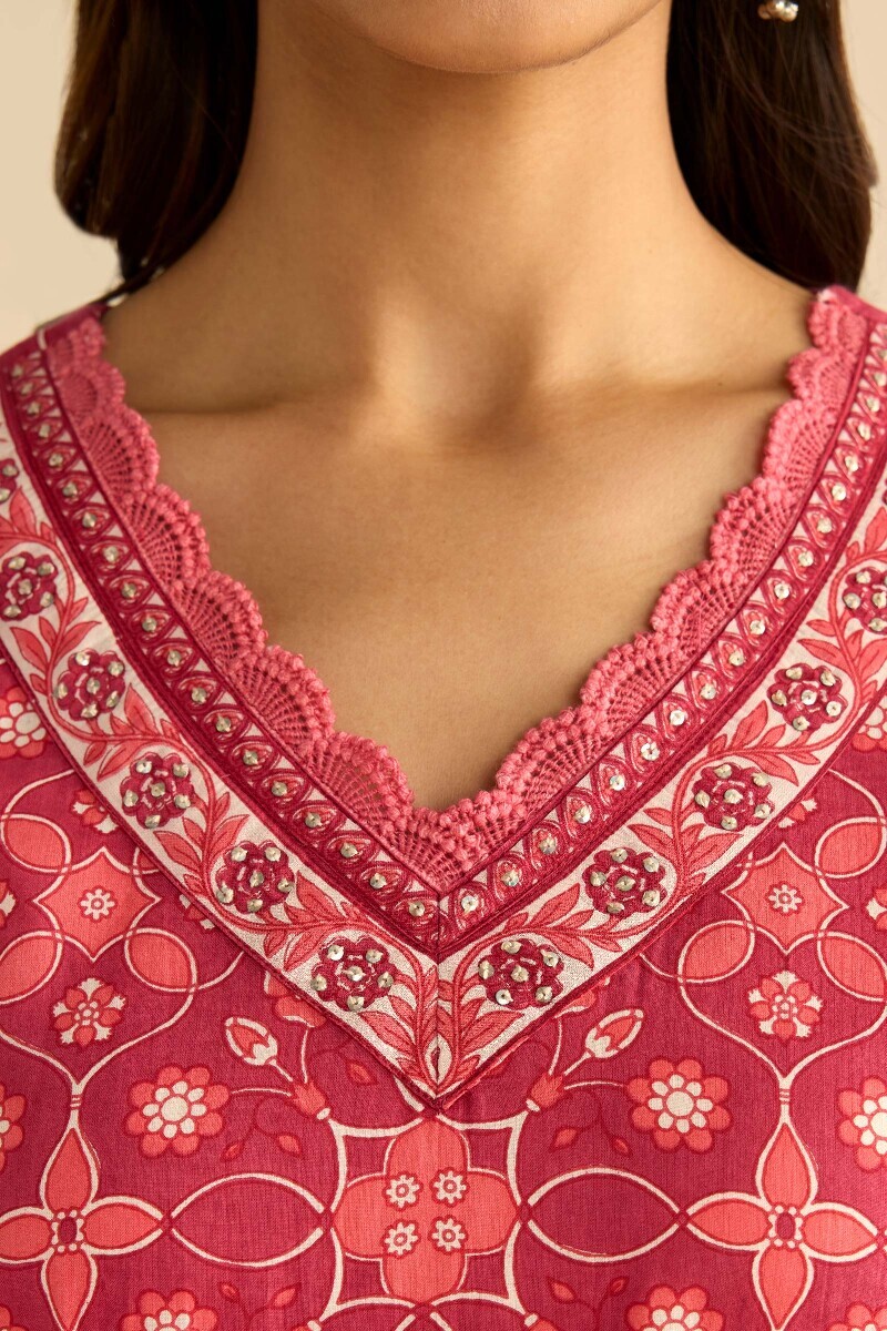 Pink Hand Printed Straight Cotton Kurta