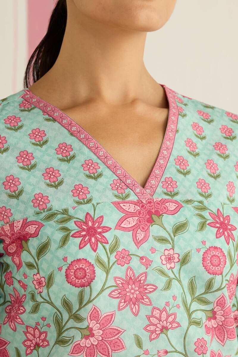 Blue Printed Cotton Loungewear Set