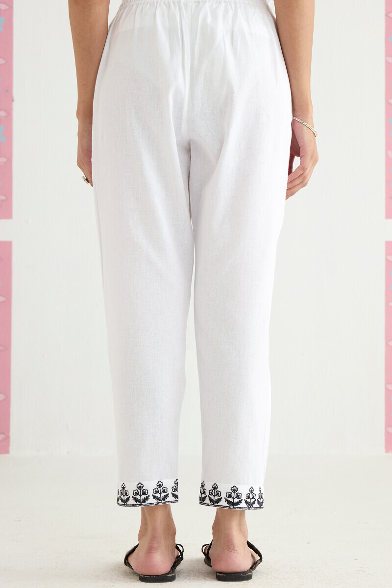 White Handcrafted Cotton Flax Narrow Pants