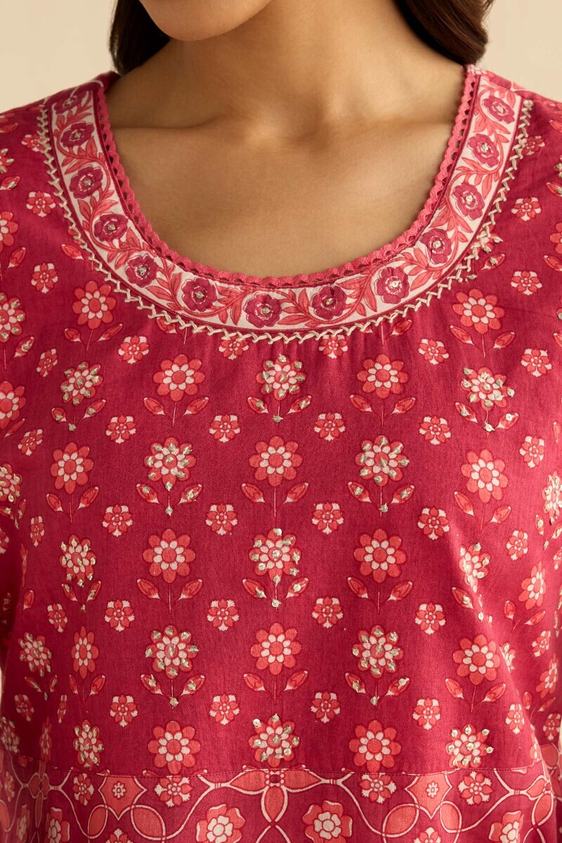 Pink Hand Printed Straight Cotton Kurta
