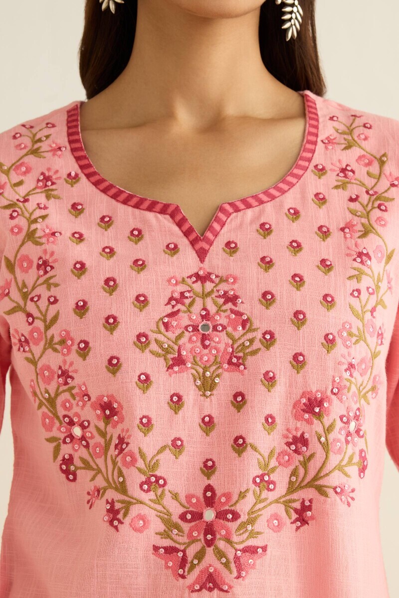 Pink Handcrafted Straight Gauze Slub Kurta