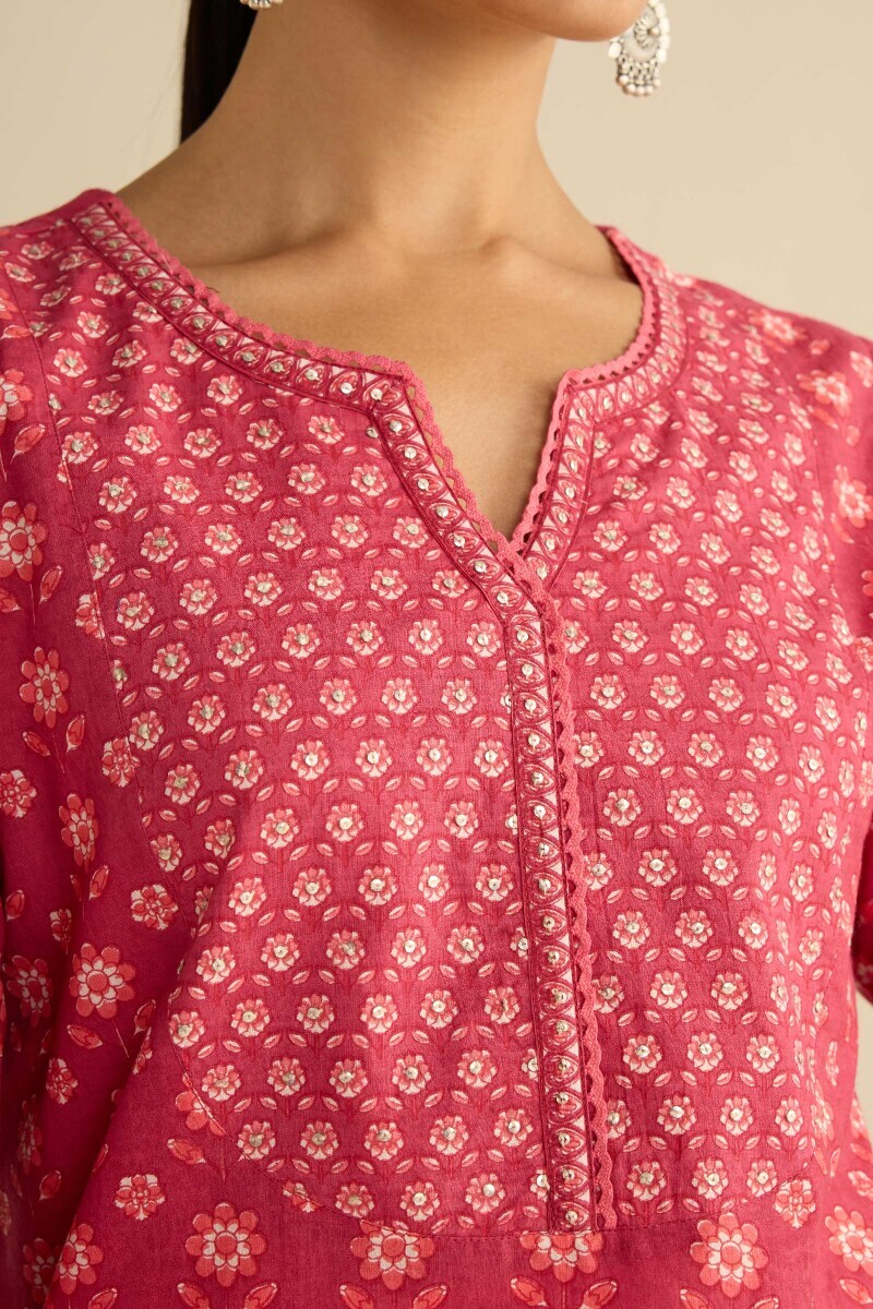 Pink Hand Printed Straight Cotton Kurta