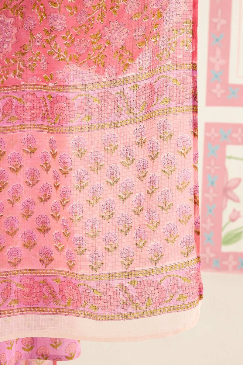 Pink Hand Block Printed Kota Dupatta