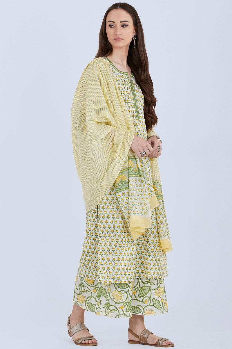 Yellow Block Printed Cotton Dupatta