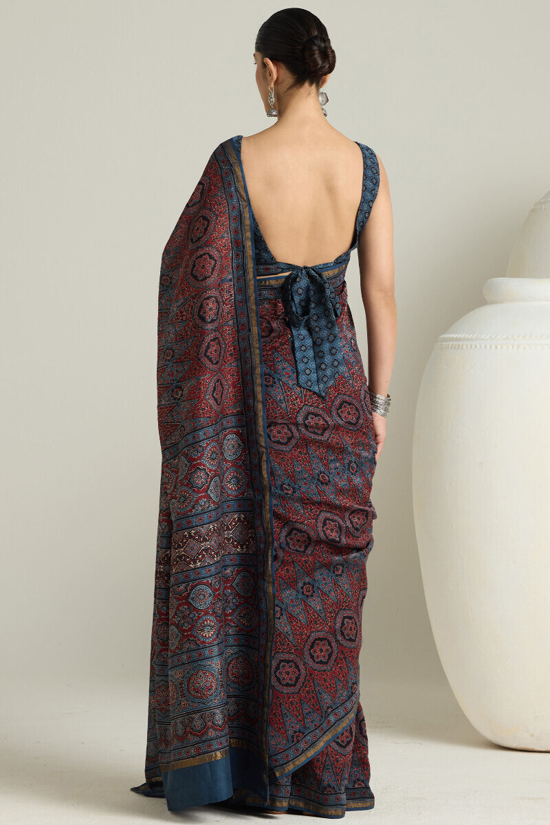 Indigo Hand Block Printed Chanderi Saree