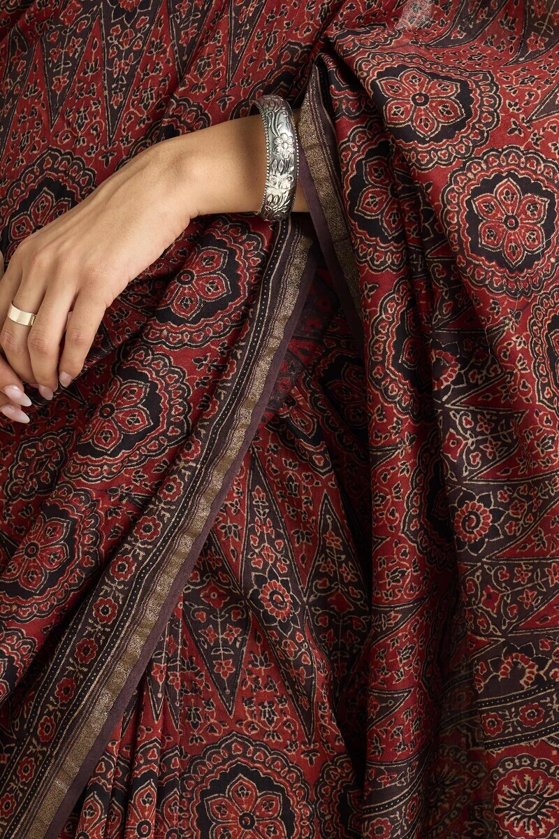 Red Hand Block Printed Chanderi Saree