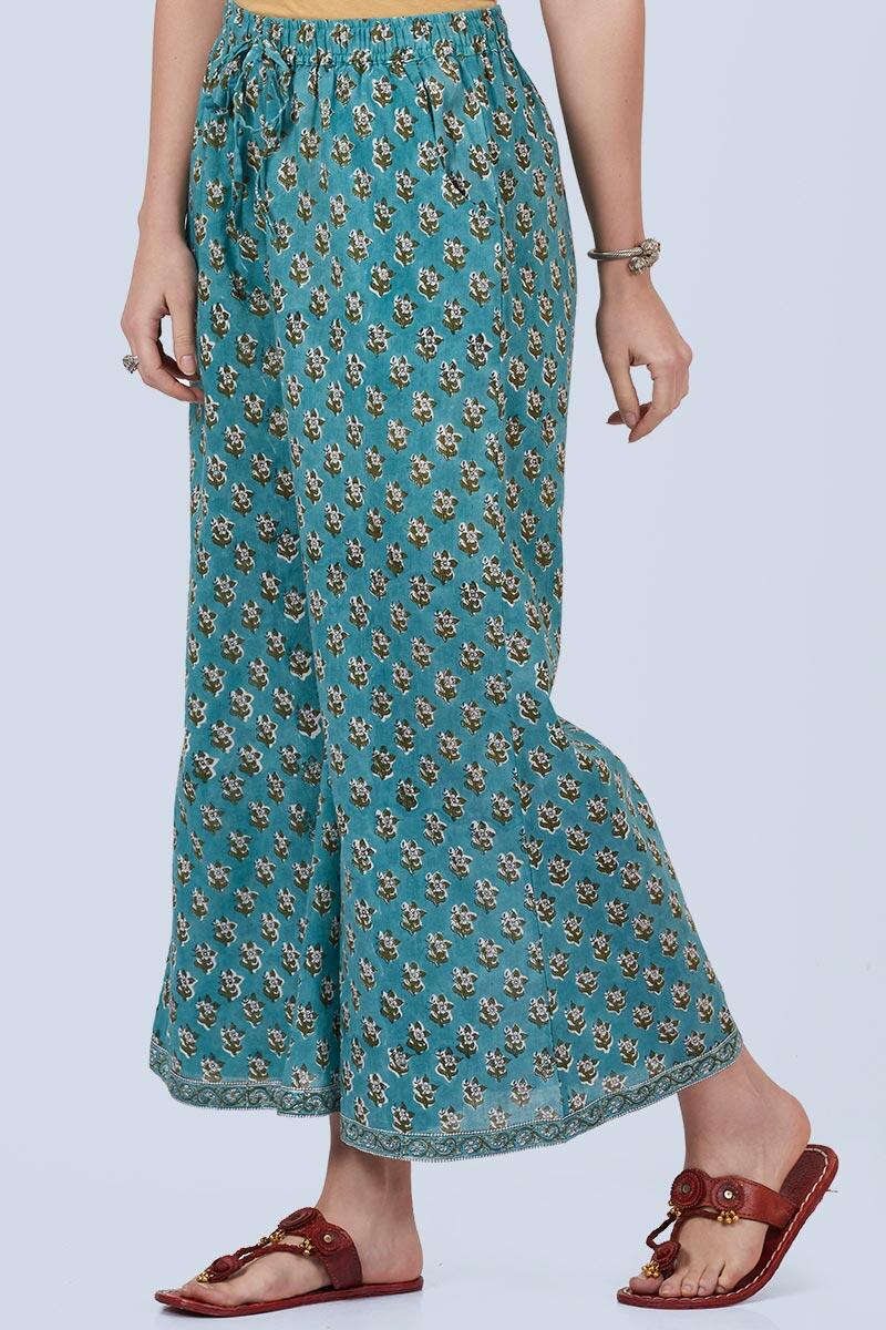Green Block Printed Cotton Palazzo