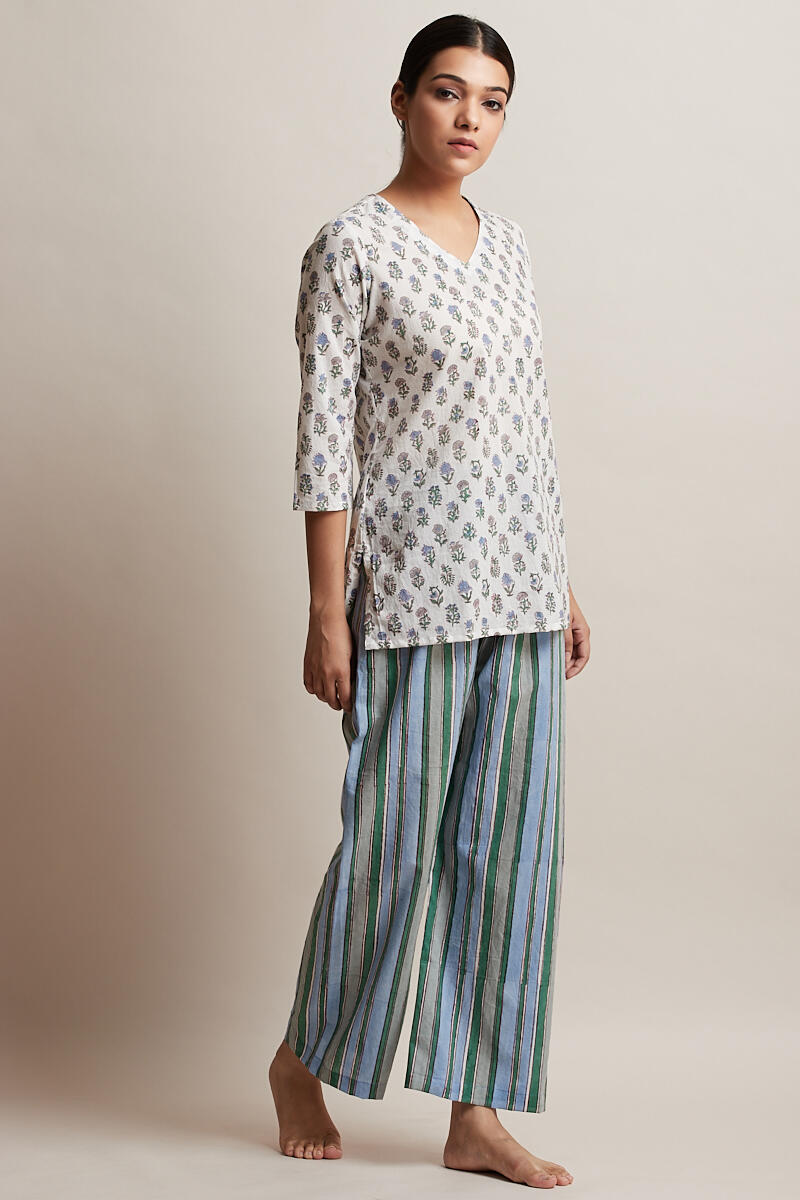 White Block Printed Cotton Nightsuit
