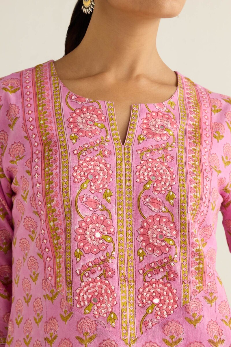 Purple Hand Block Printed Straight Cotton Kurta