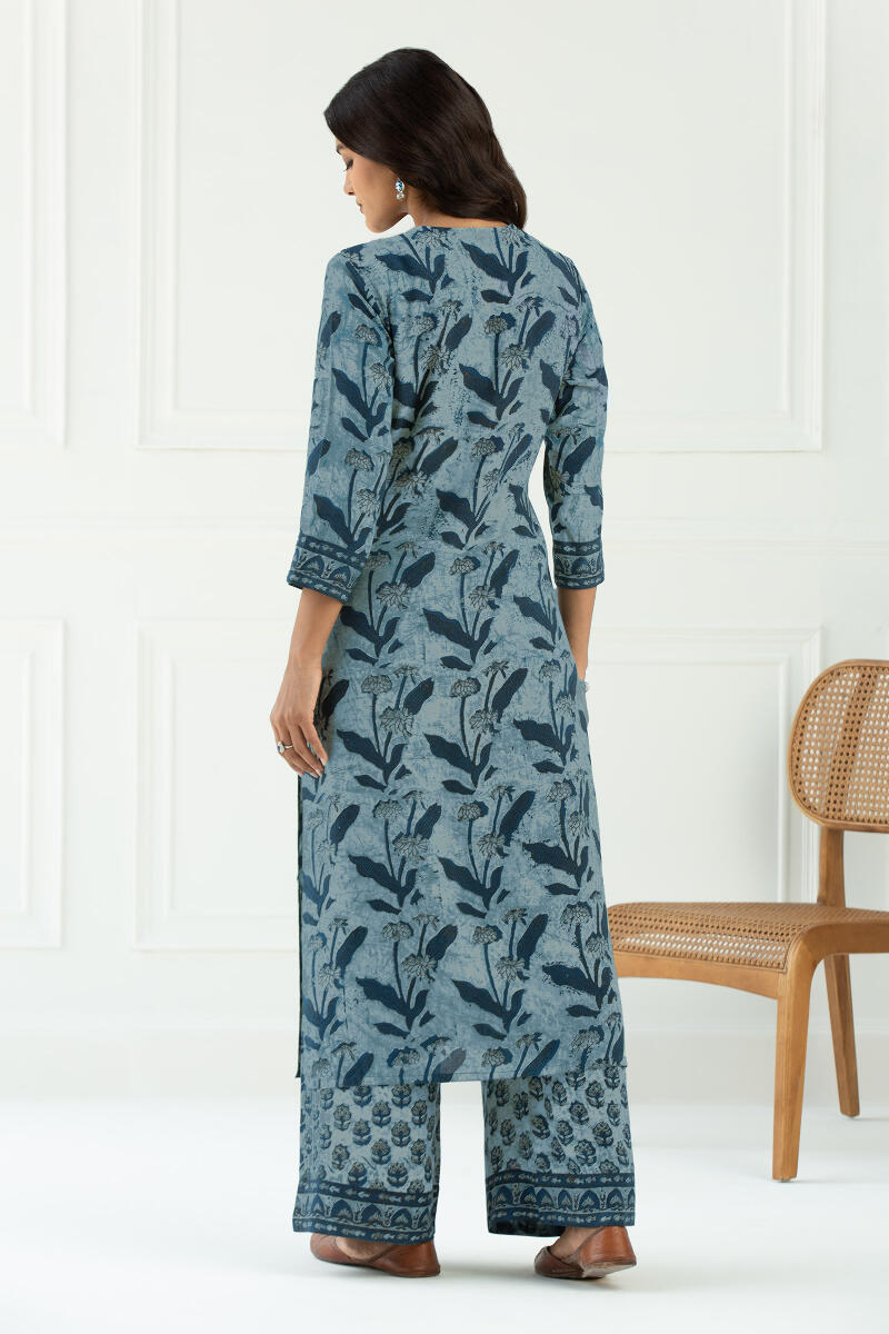 Indigo Block Printed Straight Cotton Modal Kurta